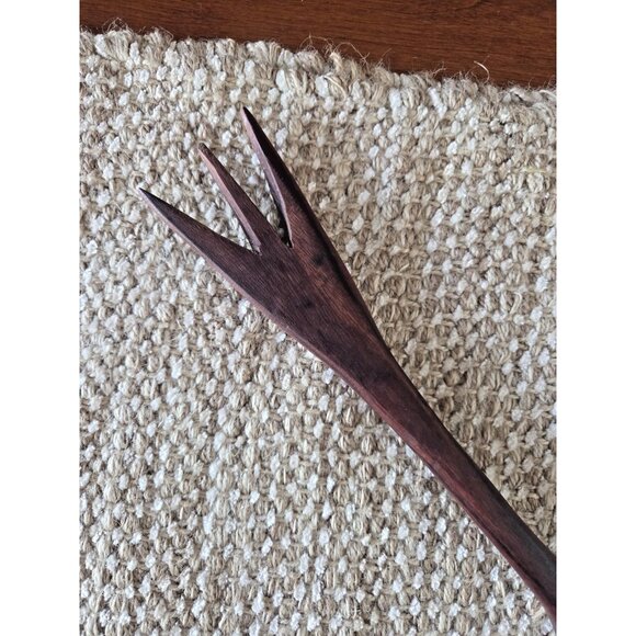 Vintage Wooden Salad Serving Set Fork & Spoon 1960s Monkeypod Style 13.5 - Picture 4 of 9